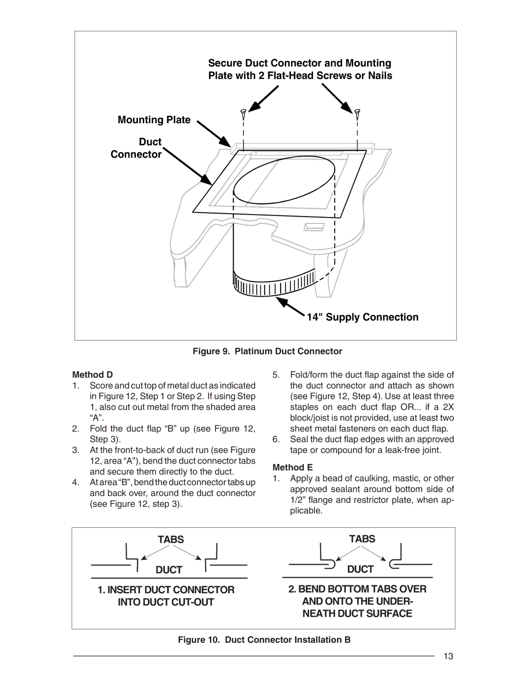 Nordyne E3 user service Platinum Duct Connector Method D, Method E 