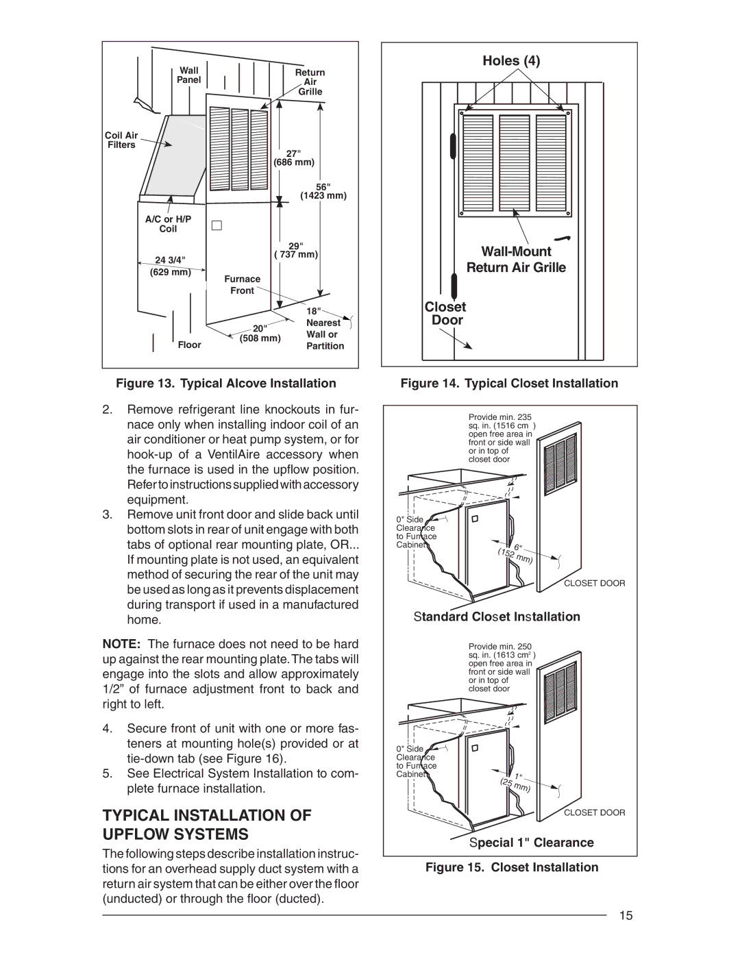 Nordyne E3 user service Typical Installation of Upflow Systems, Standard Closet Installation, Special 1 Clearance 