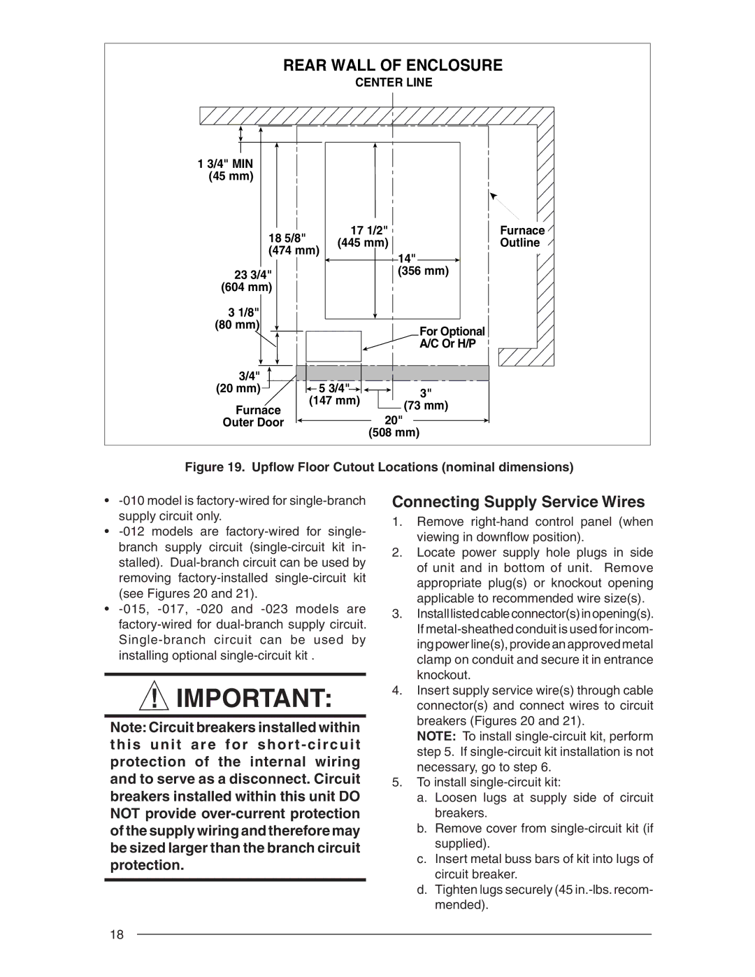 Nordyne E3 user service Connecting Supply Service Wires, Upﬂow Floor Cutout Locations nominal dimensions 