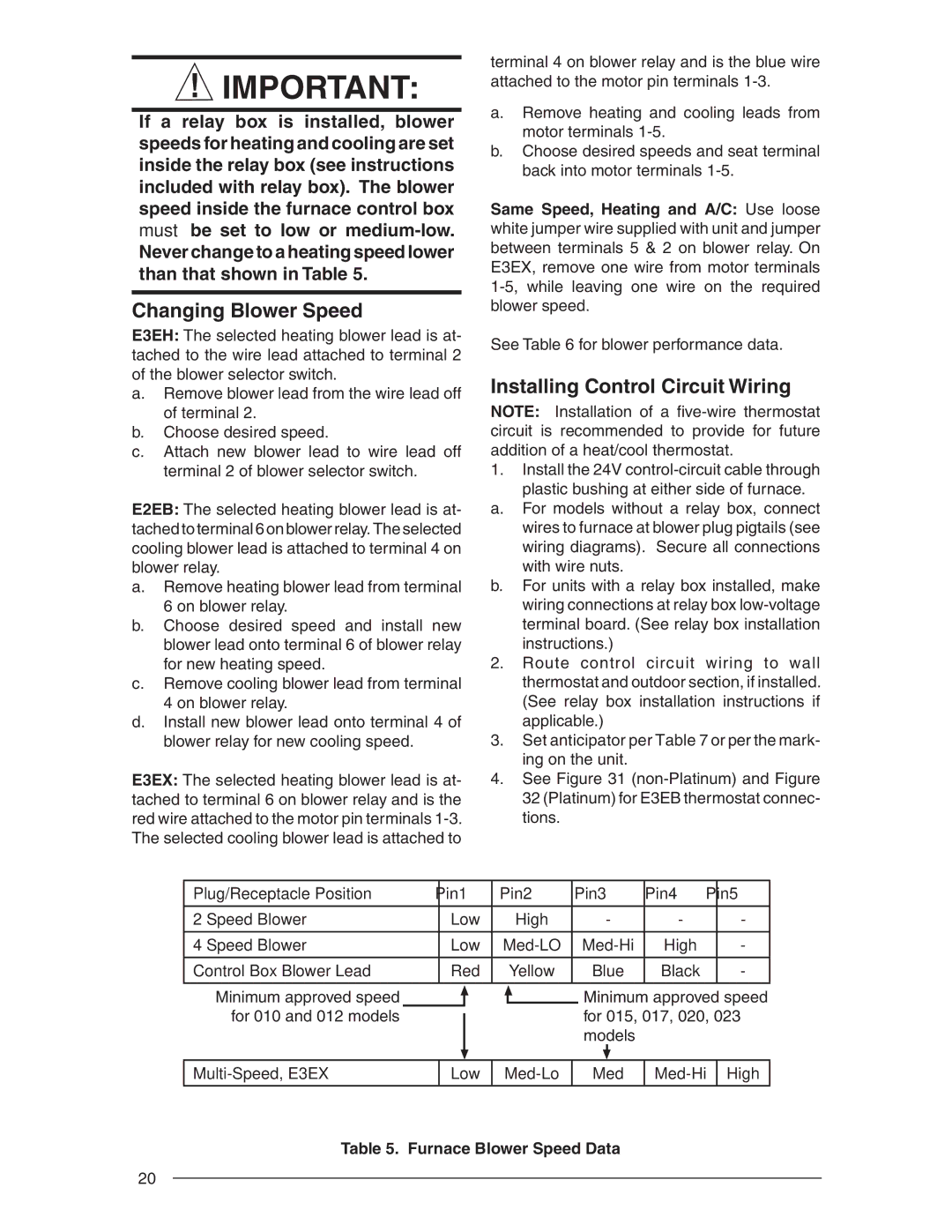 Nordyne E3 user service Changing Blower Speed, Installing Control Circuit Wiring, Furnace Blower Speed Data 