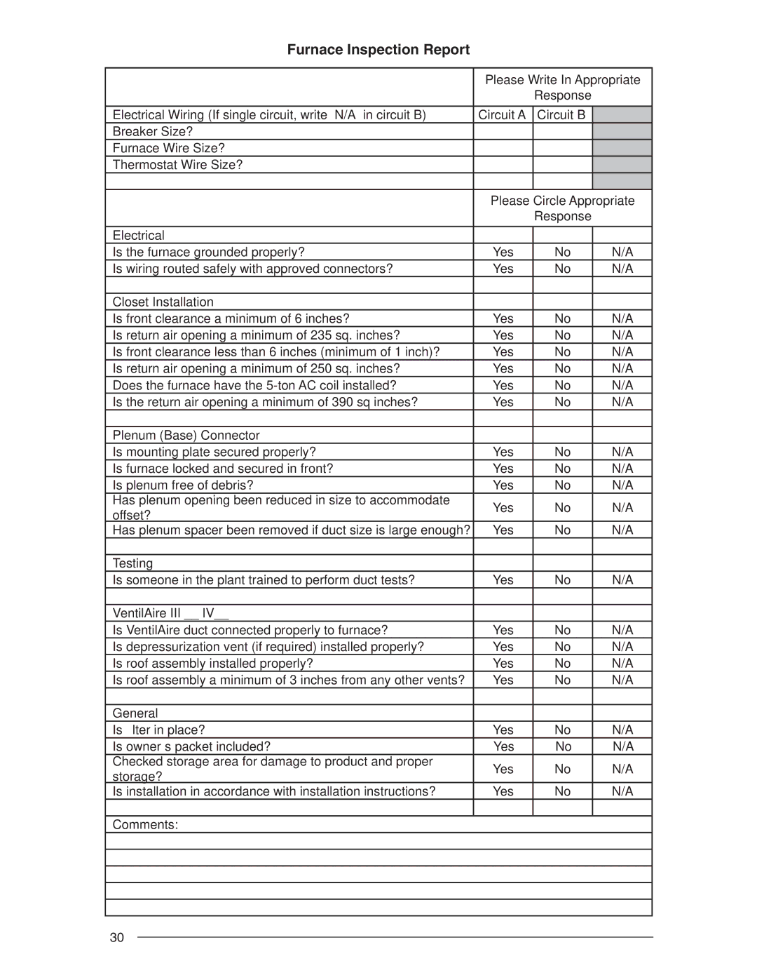 Nordyne E3 user service Furnace Inspection Report 