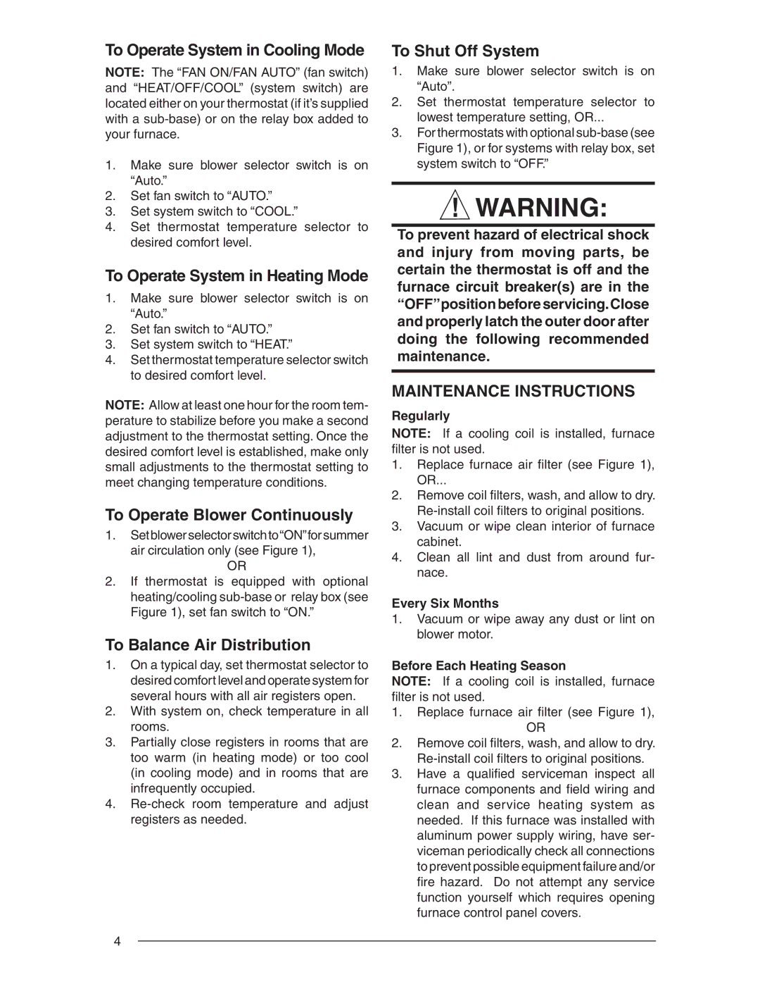 Nordyne E3 user service Maintenance Instructions 