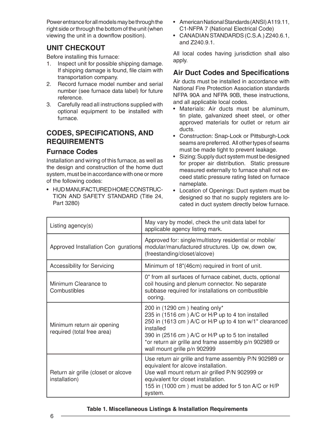 Nordyne E3 Unit Checkout, CODES, SPECIFICATIONS, and Requirements, Furnace Codes, Air Duct Codes and Speciﬁcations 