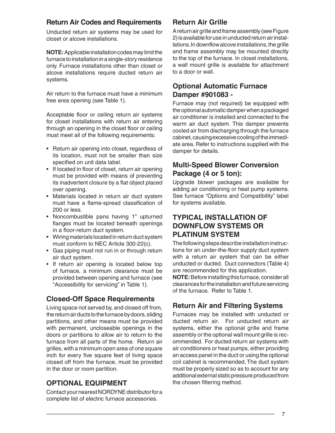 Nordyne E3 user service Optional Equipment, Typical Installation of Downflow Systems or Platinum System 