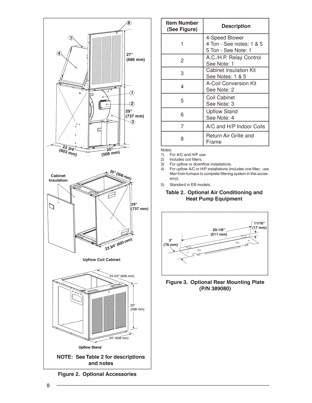 Nordyne E3 user service Optional Accessories Item Number Description, Optional Rear Mounting Plate 