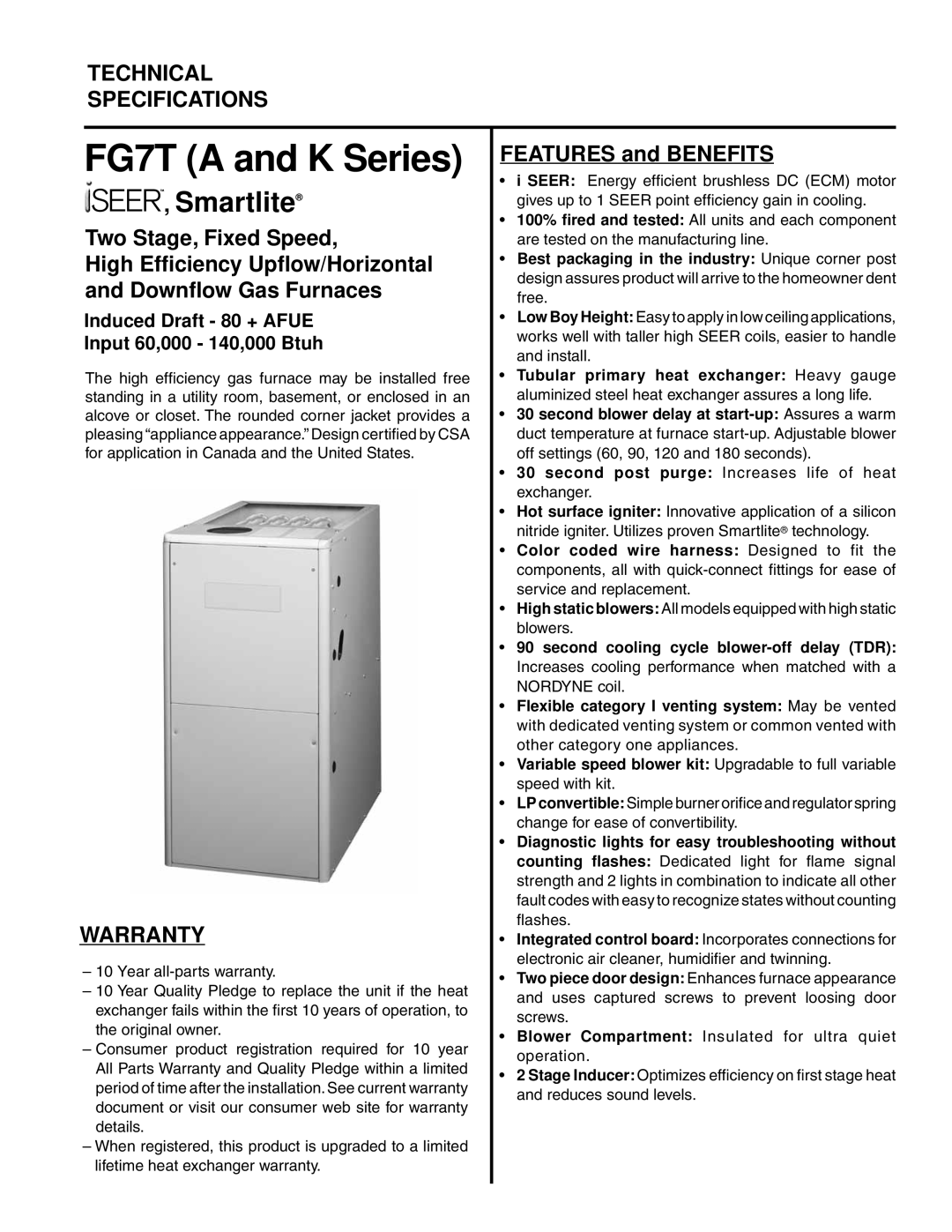 Nordyne FG7T warranty Smartlite 