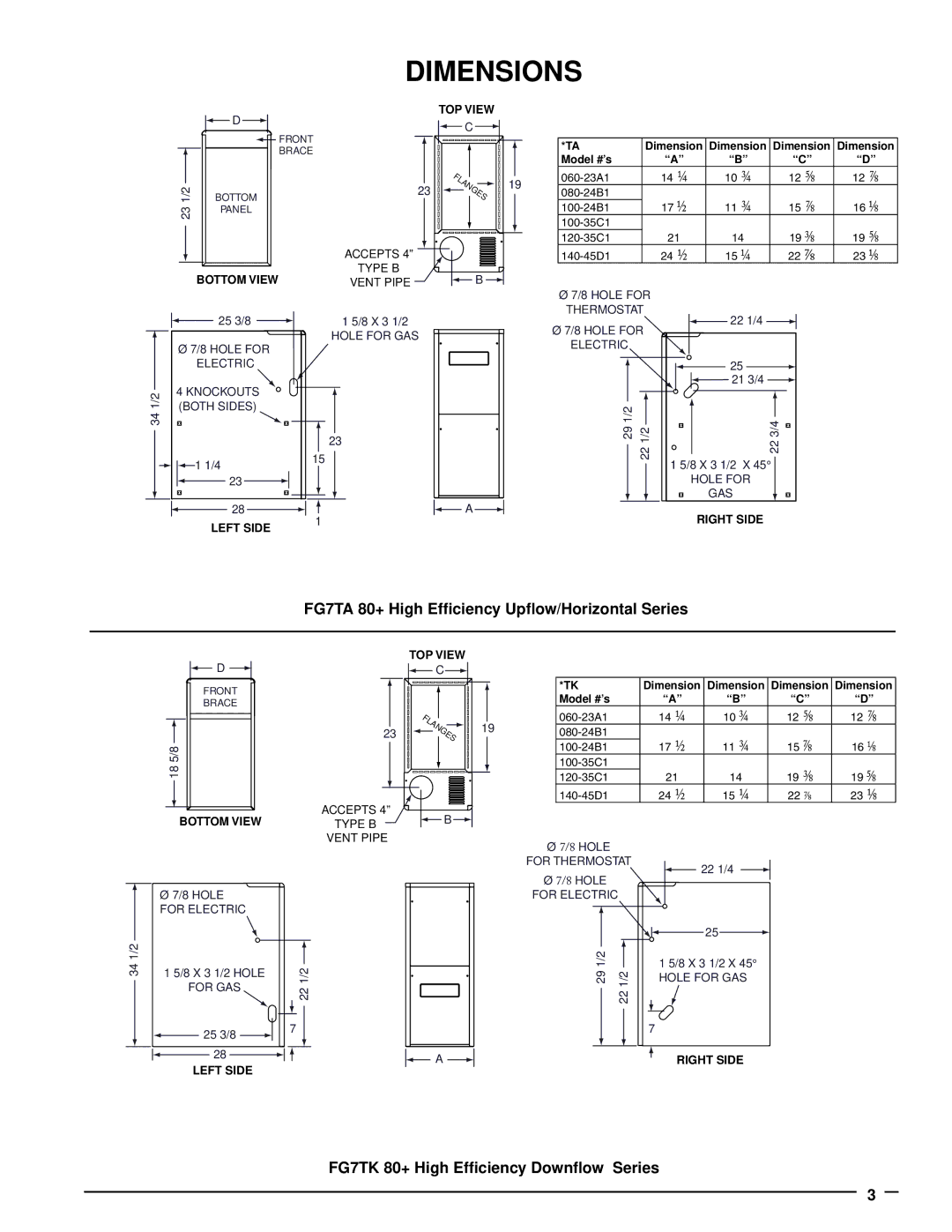 Nordyne Dimensions, FG7TA 80+ High Efficiency Upflow/Horizontal Series, FG7TK 80+ High Efficiency Downflow Series 