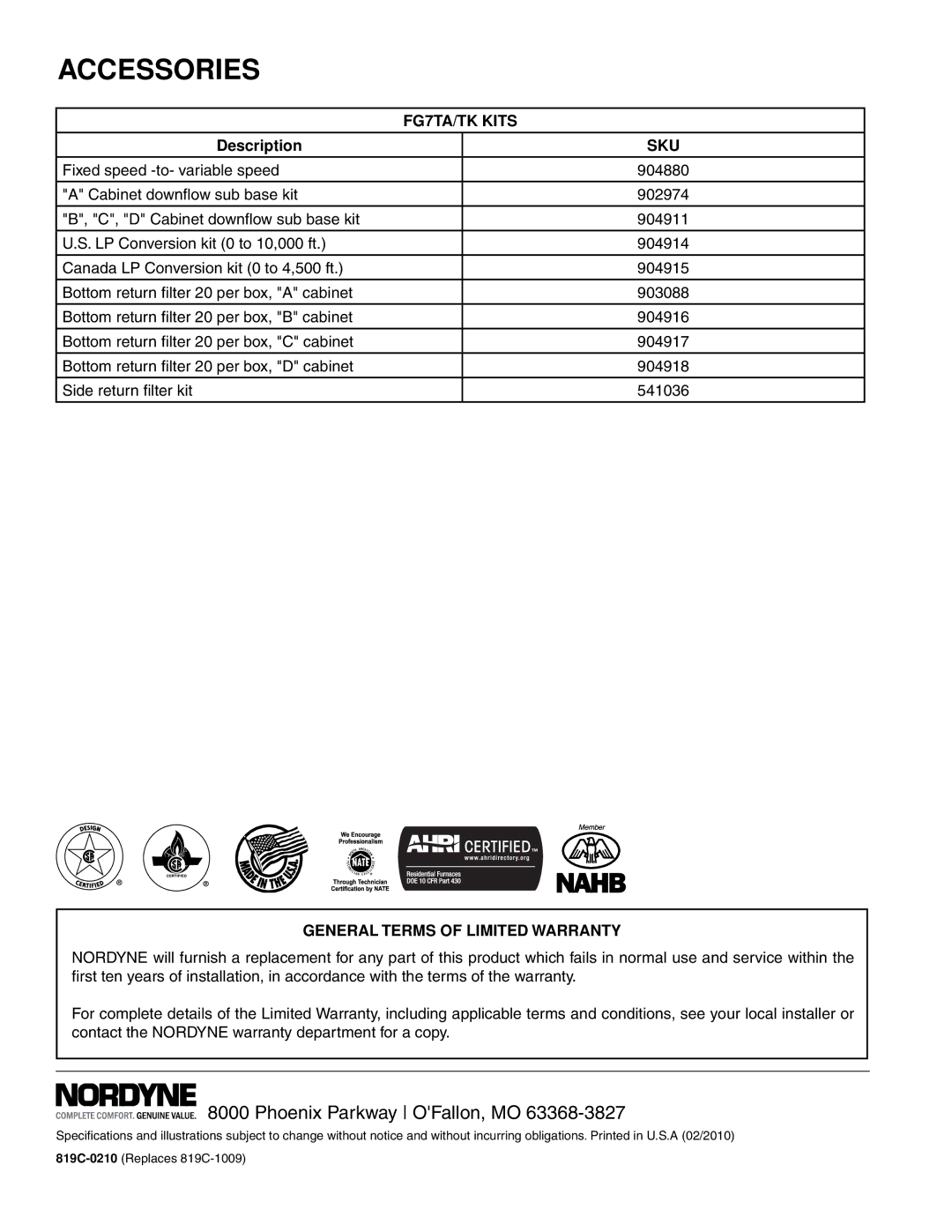 Nordyne FG7T warranty Accessories, Description 