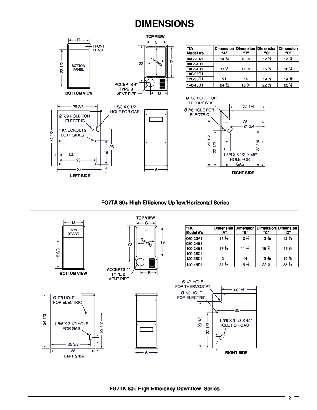 Nordyne warranty Dimensions, FG7TK 80+ High Efficiency Downflow Series, Left Side, Right Side 
