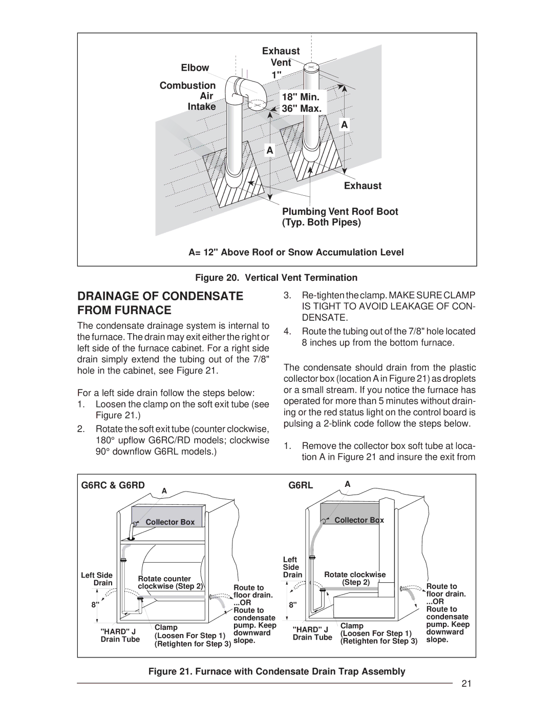 Nordyne G6RL 90+, G6RC 90+, G6RD 93+ installation instructions Drainage of Condensate from Furnace, Vertical Vent Termination 