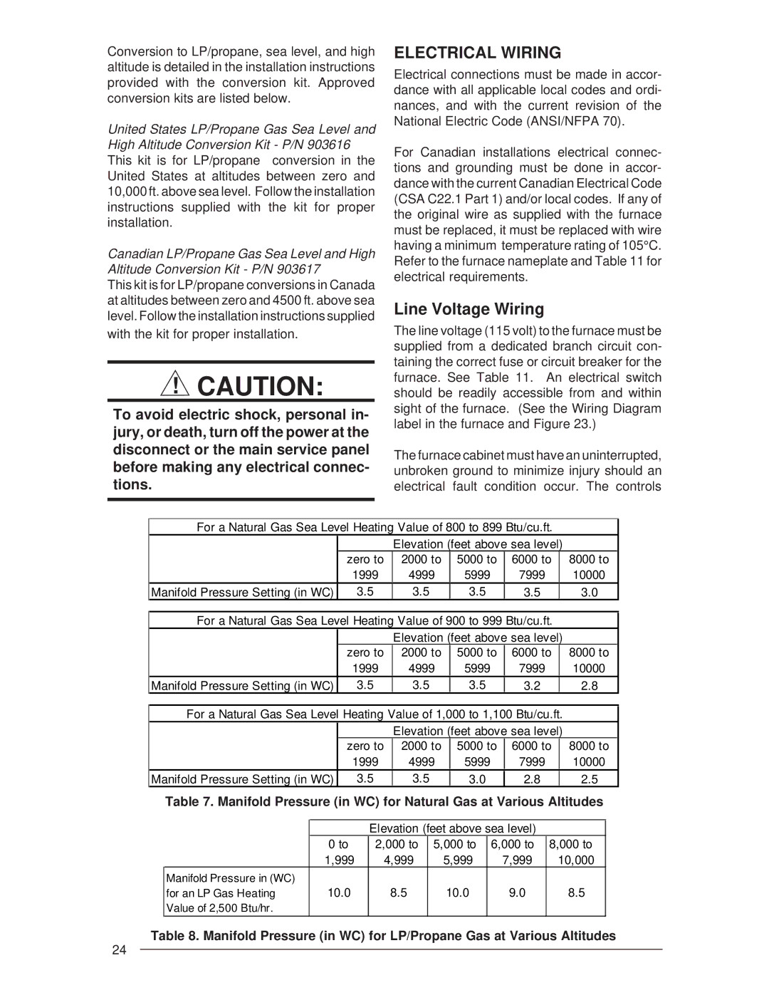 Nordyne G6RL 90+, G6RC 90+, G6RD 93+ installation instructions Electrical Wiring, Line Voltage Wiring 