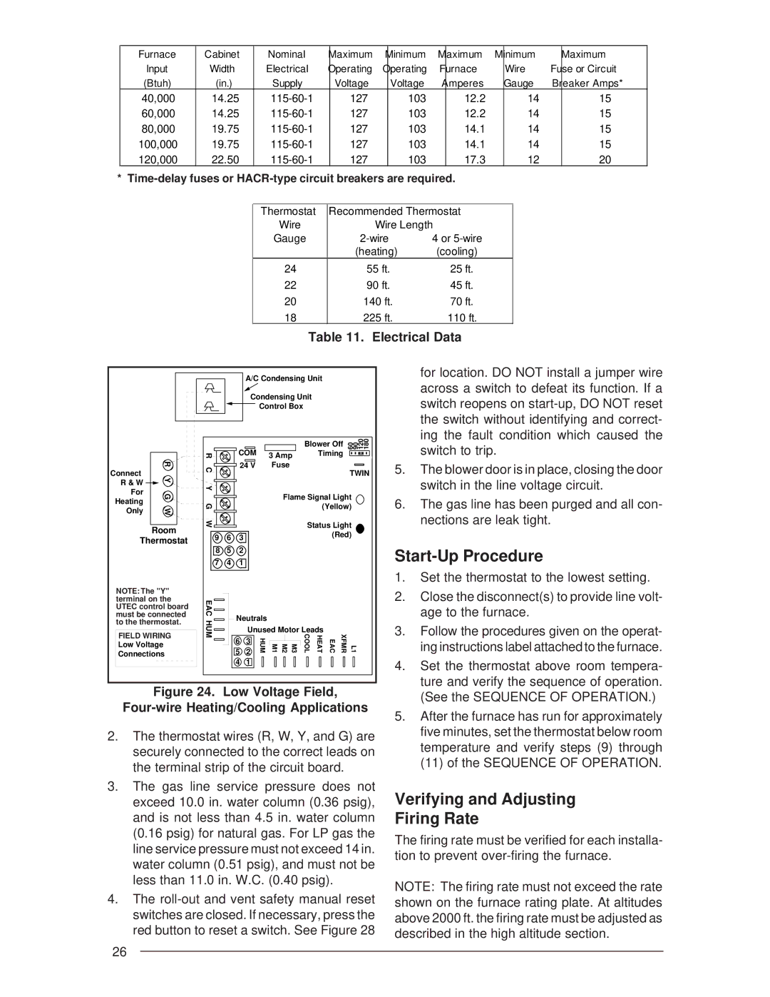 Nordyne G6RD 93+, G6RL 90+, G6RC 90+ Start-Up Procedure, Verifying and Adjusting Firing Rate, Electrical Data 