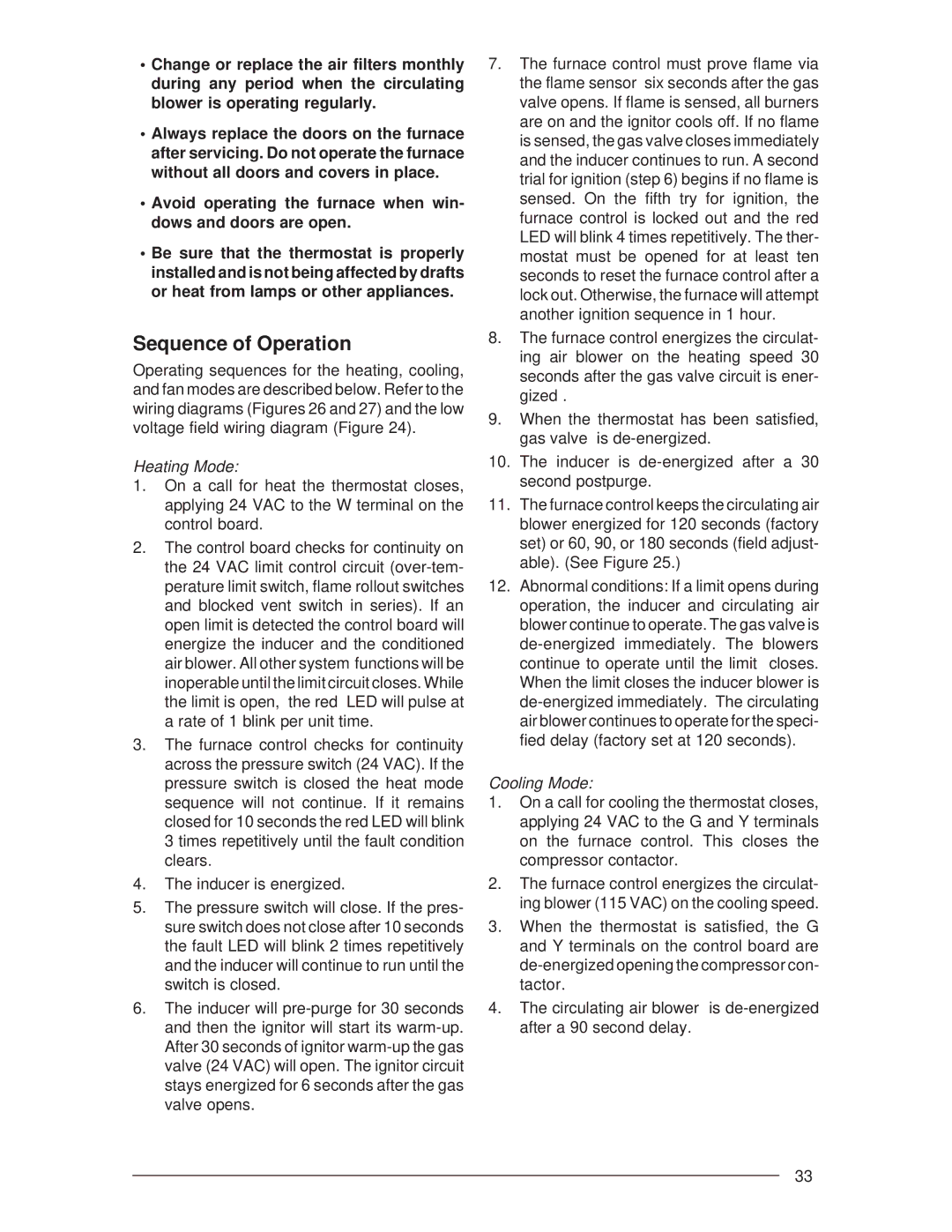 Nordyne G6RL 90+, G6RC 90+, G6RD 93+ installation instructions Sequence of Operation, Heating Mode, Cooling Mode 