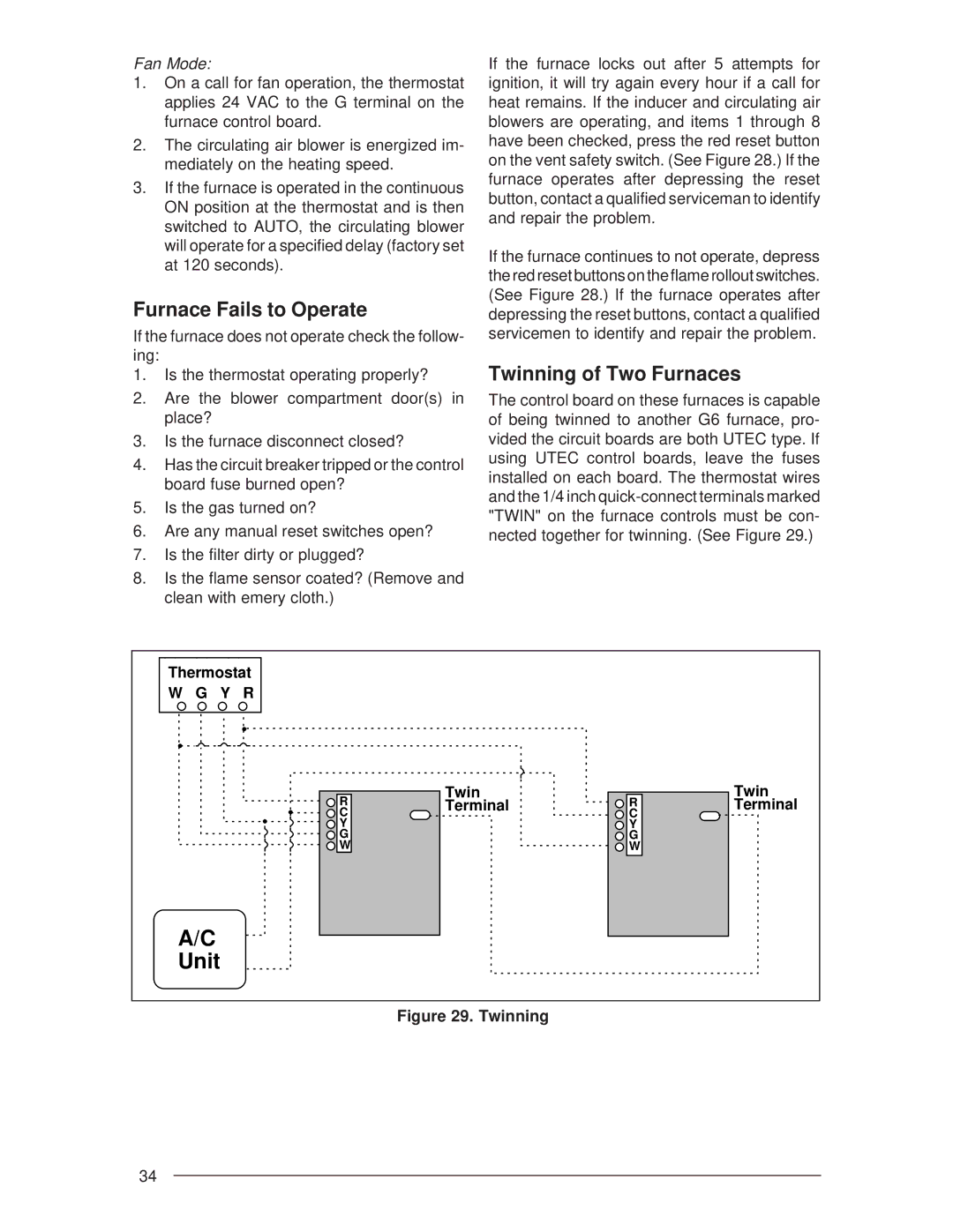 Nordyne G6RC 90+, G6RL 90+, G6RD 93+ installation instructions Furnace Fails to Operate, Twinning of Two Furnaces, Fan Mode 