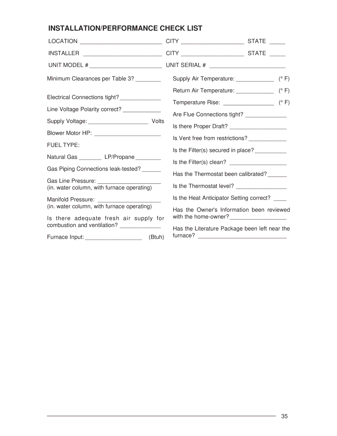 Nordyne G6RD 93+, G6RL 90+, G6RC 90+ installation instructions INSTALLATION/PERFORMANCE Check List, Fuel Type 