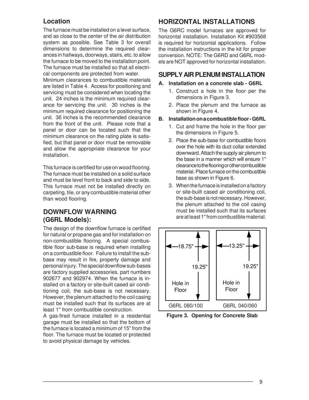 Nordyne G6RL 90+ Location, Downflow Warning G6RL Models, Horizontal Installations, Supply AIR Plenum Installation 