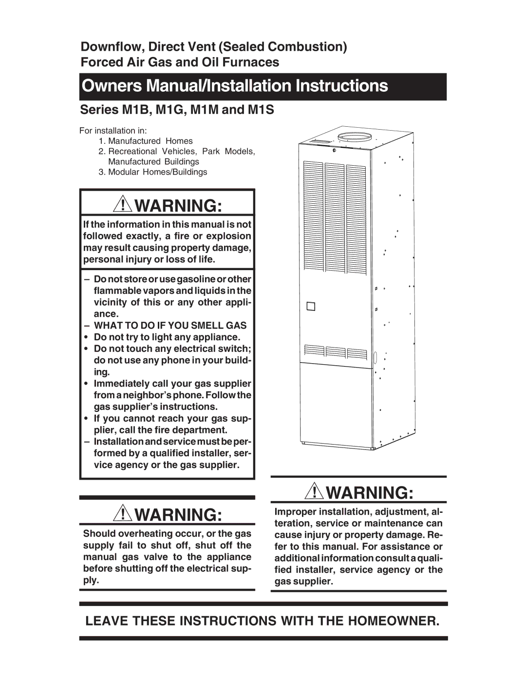 Nordyne M1B, M1G, M1S, M1M owner manual Leave These Instructions with the Homeowner 