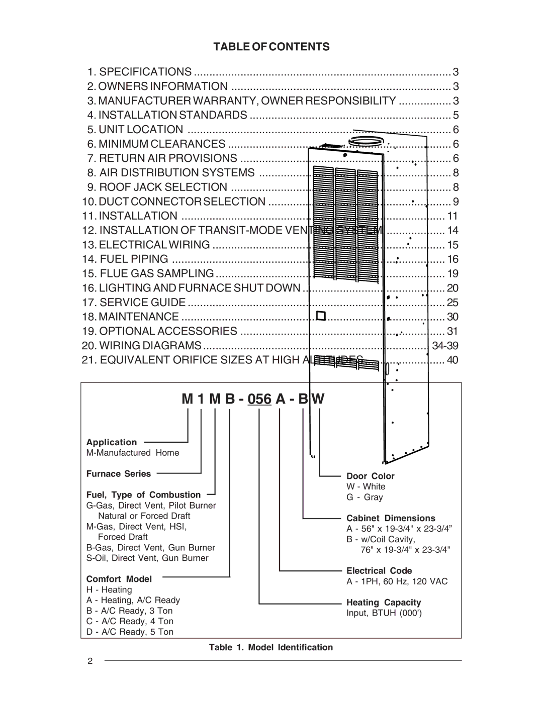 Nordyne M1S, M1G, M1B, M1M owner manual B 056 a B W, Table of Contents 