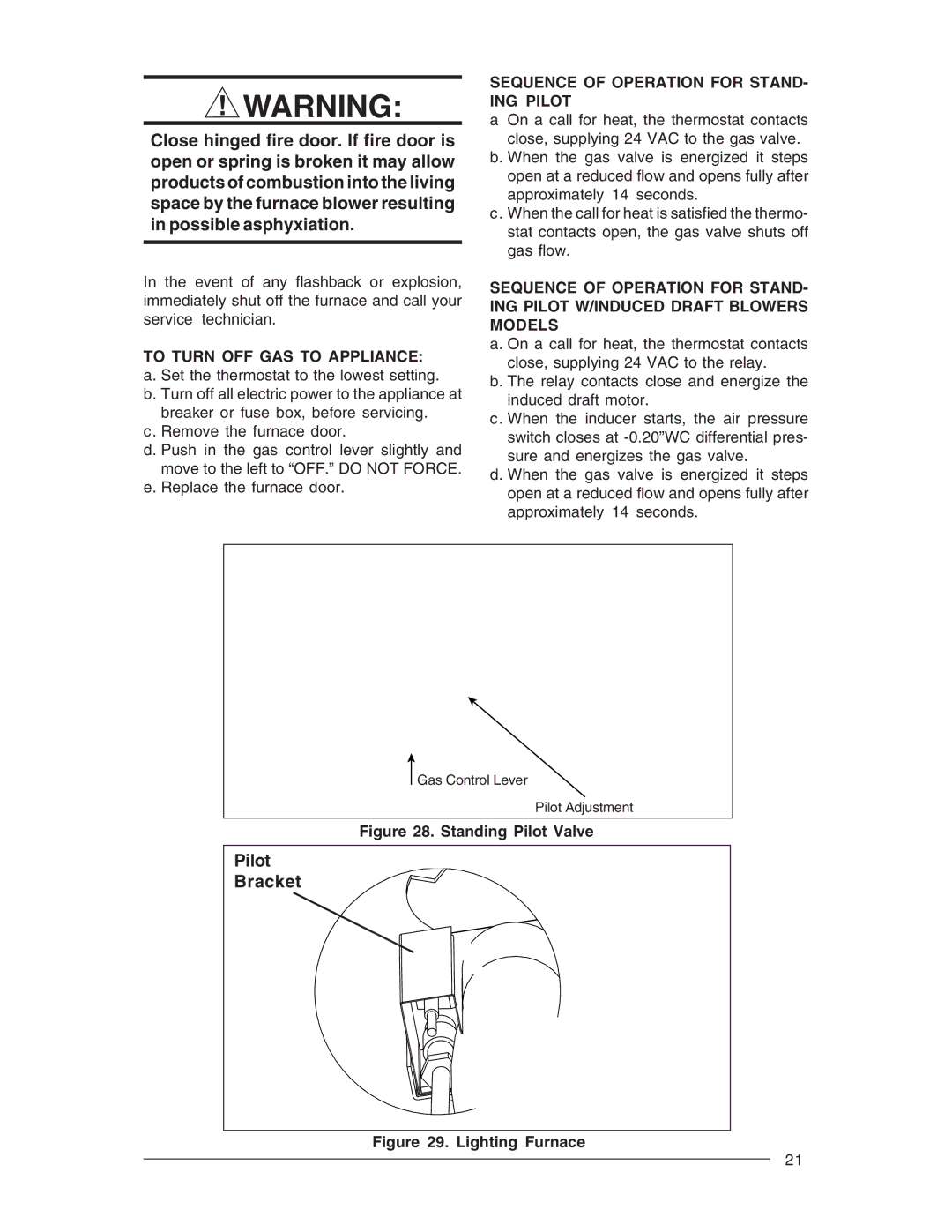 Nordyne M1B, M1G, M1S, M1M owner manual Sequence of Operation for STAND- ING Pilot, Standing Pilot Valve 