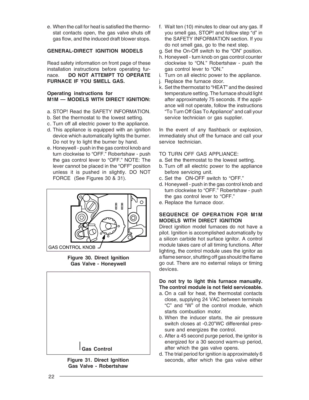 Nordyne M1S, M1G, M1B, M1M owner manual GENERAL-DIRECT Ignition Models, Furnace if YOU Smell GAS, Operating instructions for 