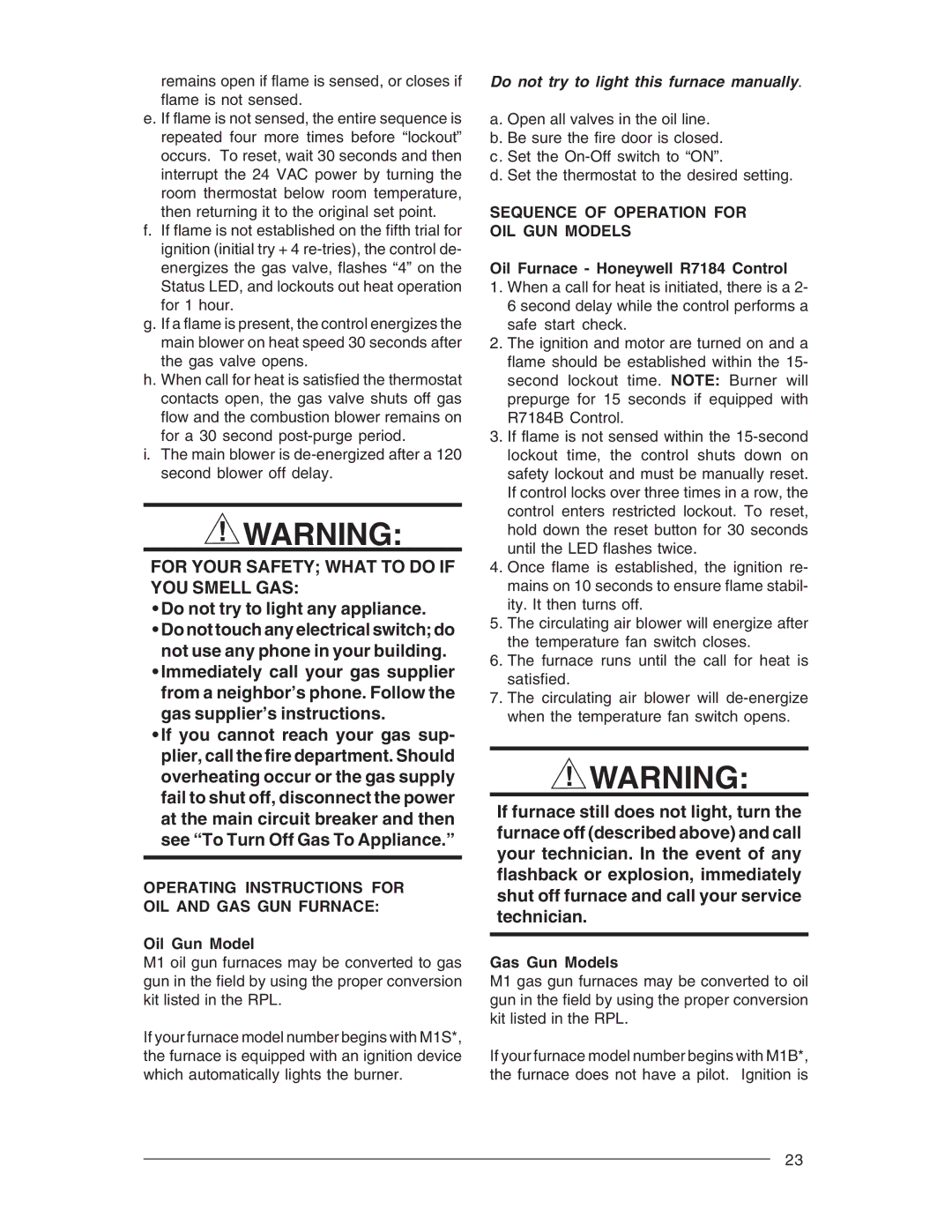 Nordyne M1M Operating Instructions for OIL and GAS GUN Furnace, Oil Gun Model, Sequence of Operation for OIL GUN Models 