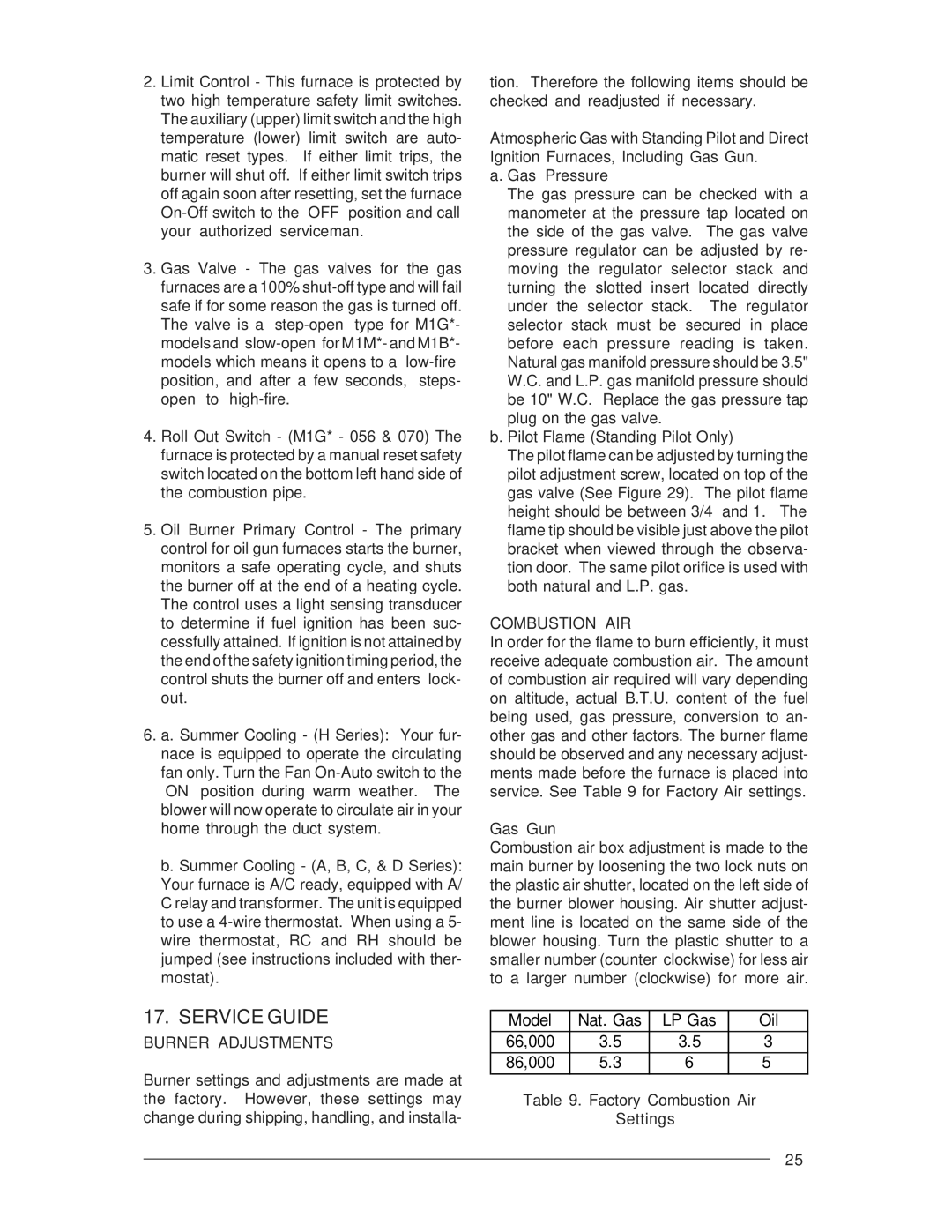 Nordyne M1B, M1G, M1S, M1M Service Guide, Burner Adjustments, Combustion AIR, Gas Gun, Factory Combustion Air Settings 