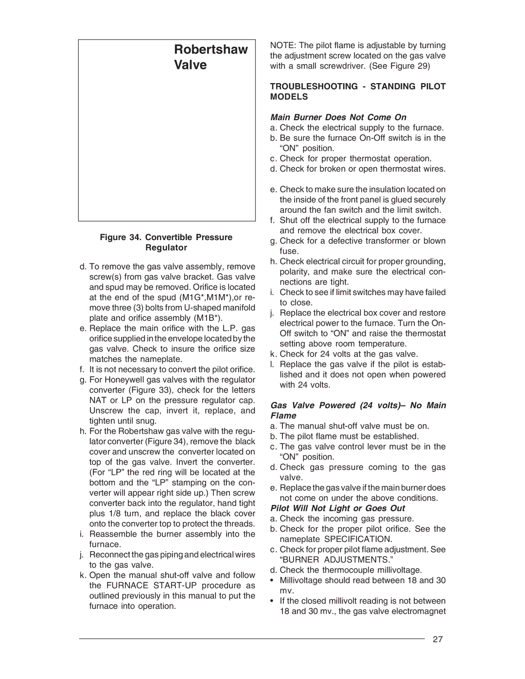 Nordyne M1M, M1G, M1B, M1S owner manual Troubleshooting Standing Pilot Models, Burner Adjustments 