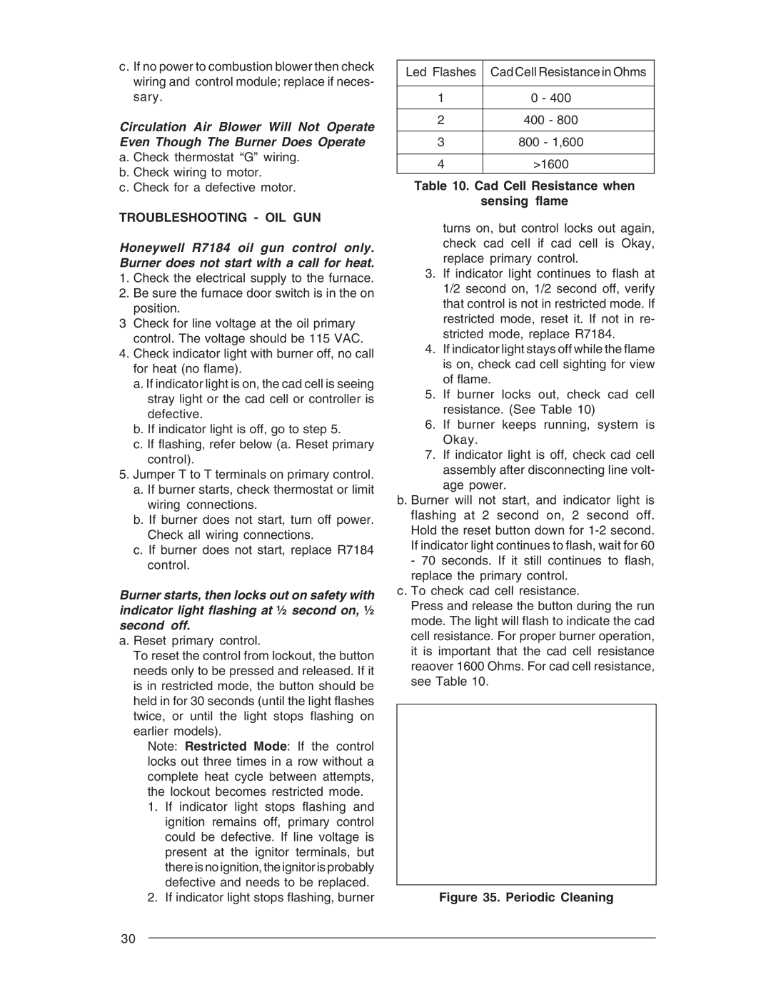 Nordyne M1S, M1G, M1B, M1M owner manual Troubleshooting OIL GUN, Cad Cell Resistance when Sensing flame 