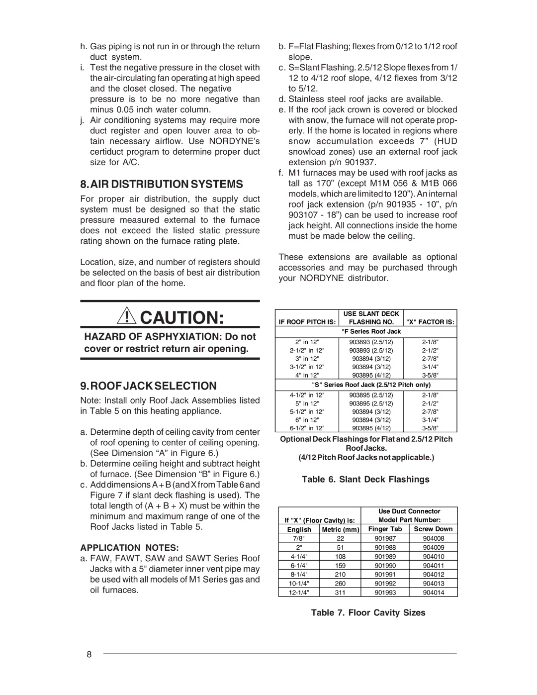 Nordyne M1G AIR Distribution Systems, Roof Jack Selection, Application Notes, Slant Deck Flashings, Floor Cavity Sizes 