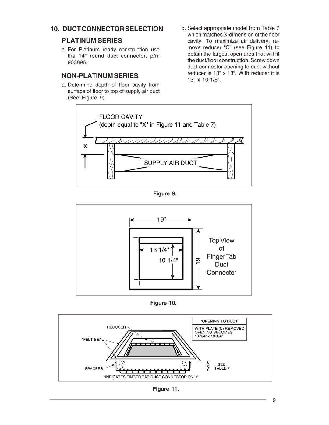 Nordyne M1B, M1G, M1S, M1M owner manual Duct Connector Selection Platinum Series, NON-PLATINUM Series 