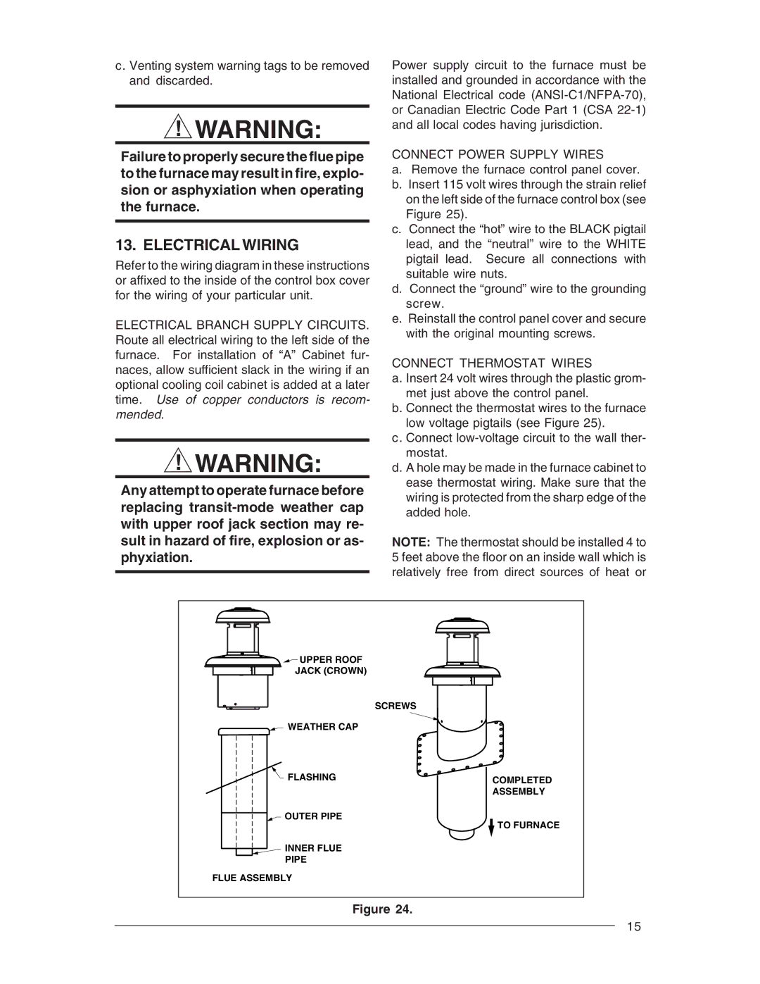 Nordyne M1M, M1G, M1B, M1S owner manual Electrical Wiring, Connect Power Supply Wires, Connect Thermostat Wires 