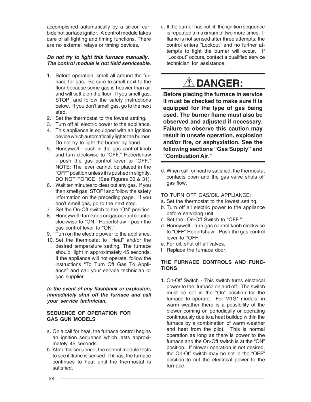 Nordyne M1G, M1B, M1S, M1M owner manual Sequence of Operation for GAS GUN Models, Furnace Controls and FUNC- Tions 