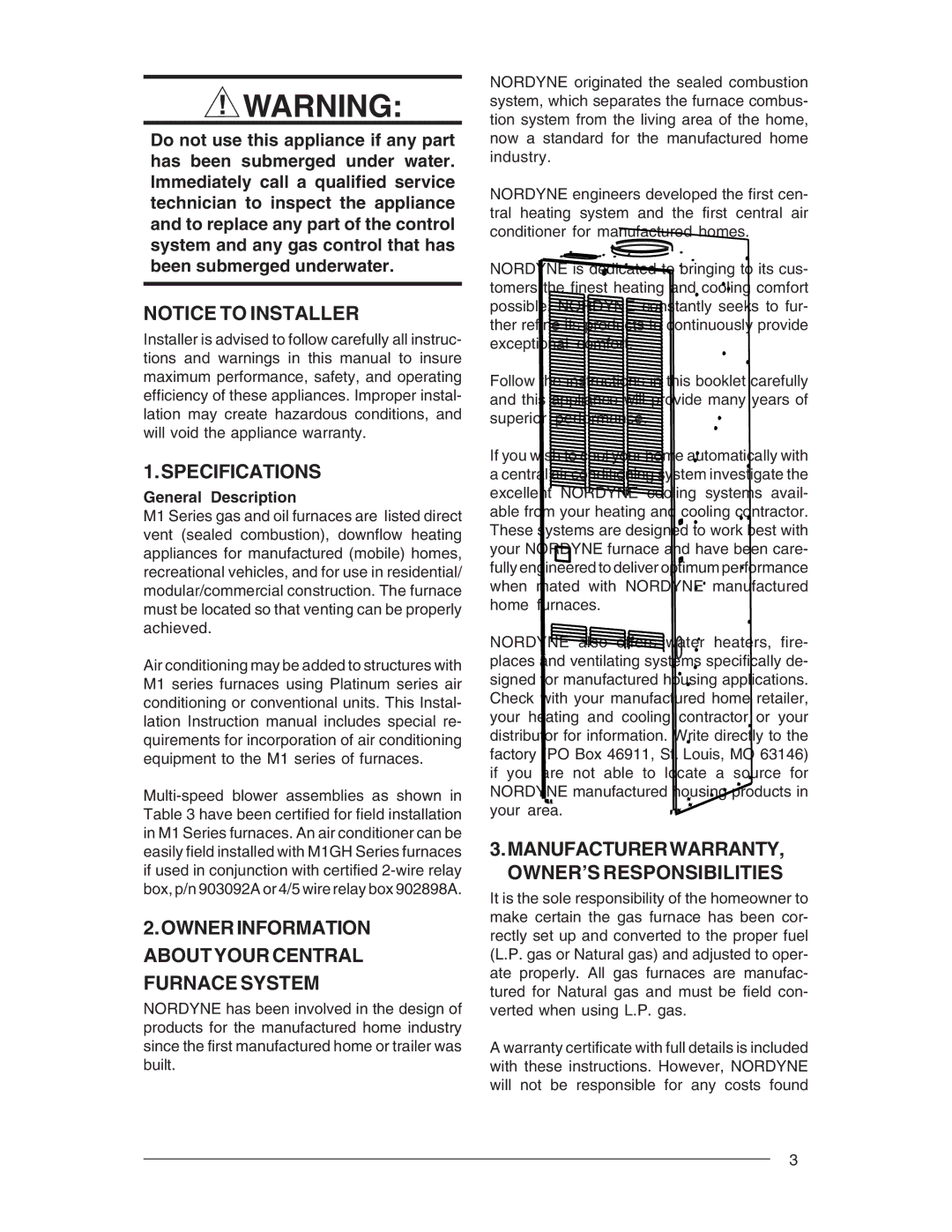 Nordyne M1M, M1G, M1B, M1S Specifications, Owner Information about Your Central Furnace System, General Description 