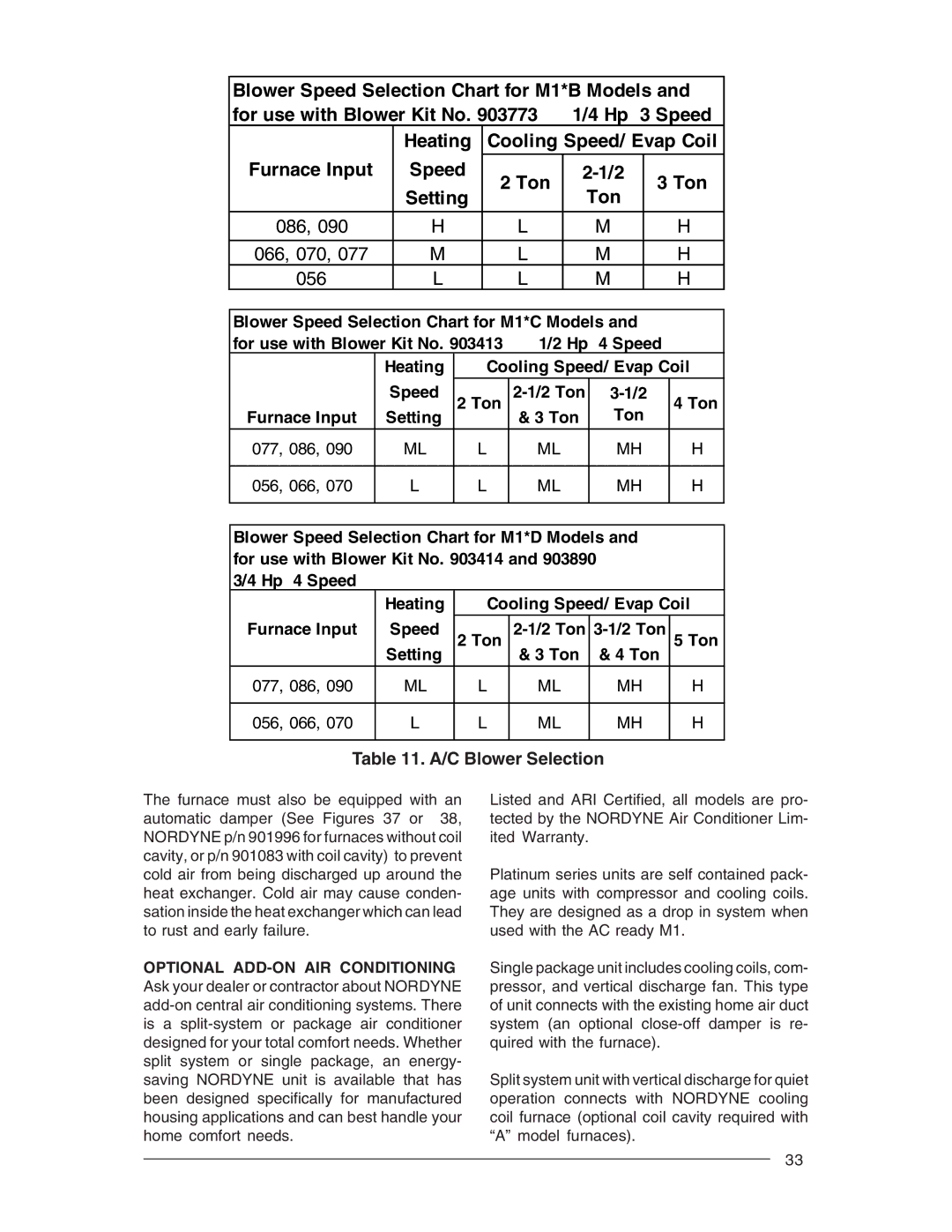 Nordyne M1B, M1G, M1S, M1M owner manual Cooling Speed/ Evap Coil 