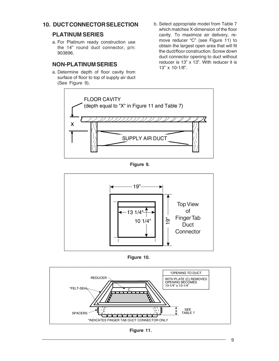 Nordyne M1B, M1G, M1S, M1M owner manual Duct Connector Selection Platinum Series, NON-PLATINUM Series 