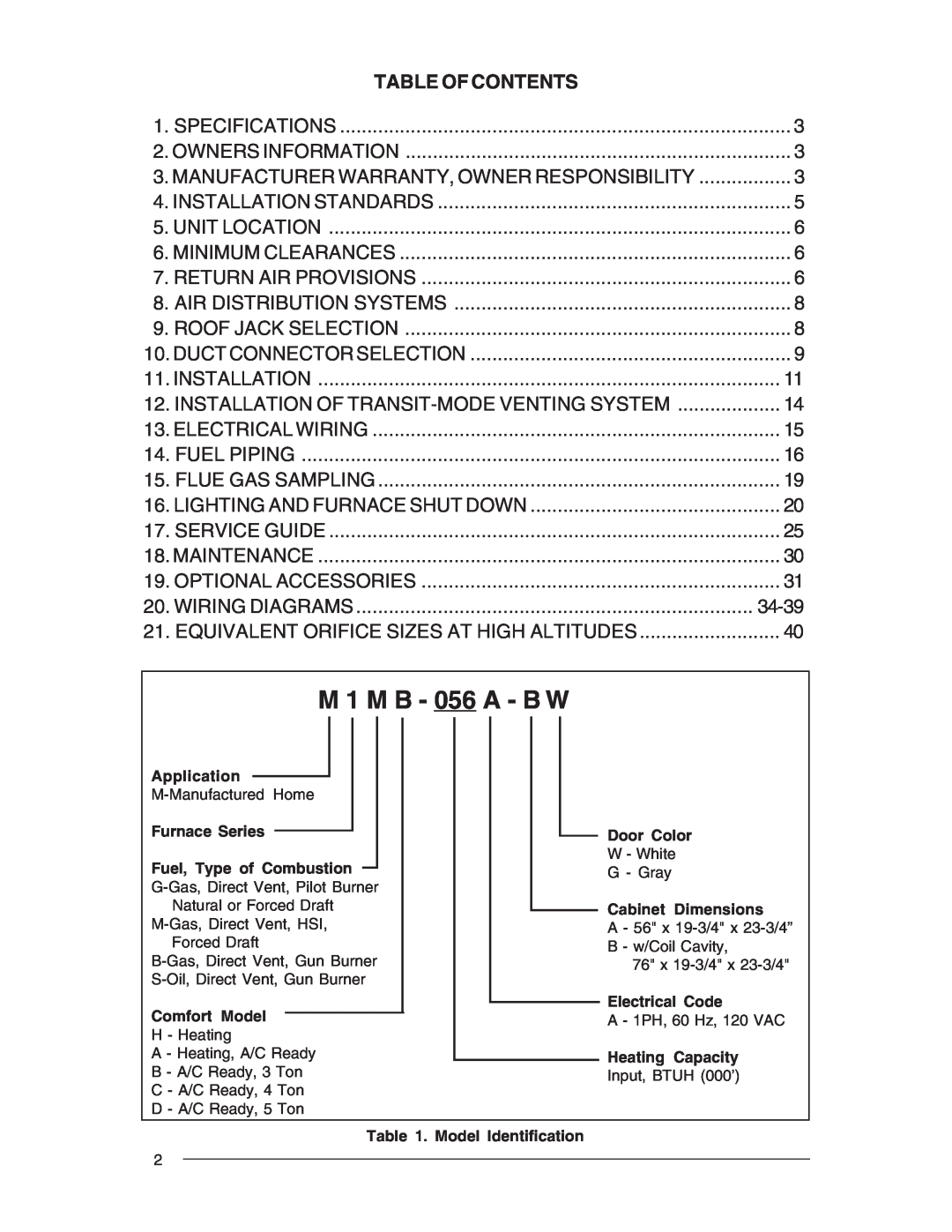 Nordyne M1S, M1G, M1B, M1M owner manual Table Of Contents, M 1 M B - 056 A - B W 