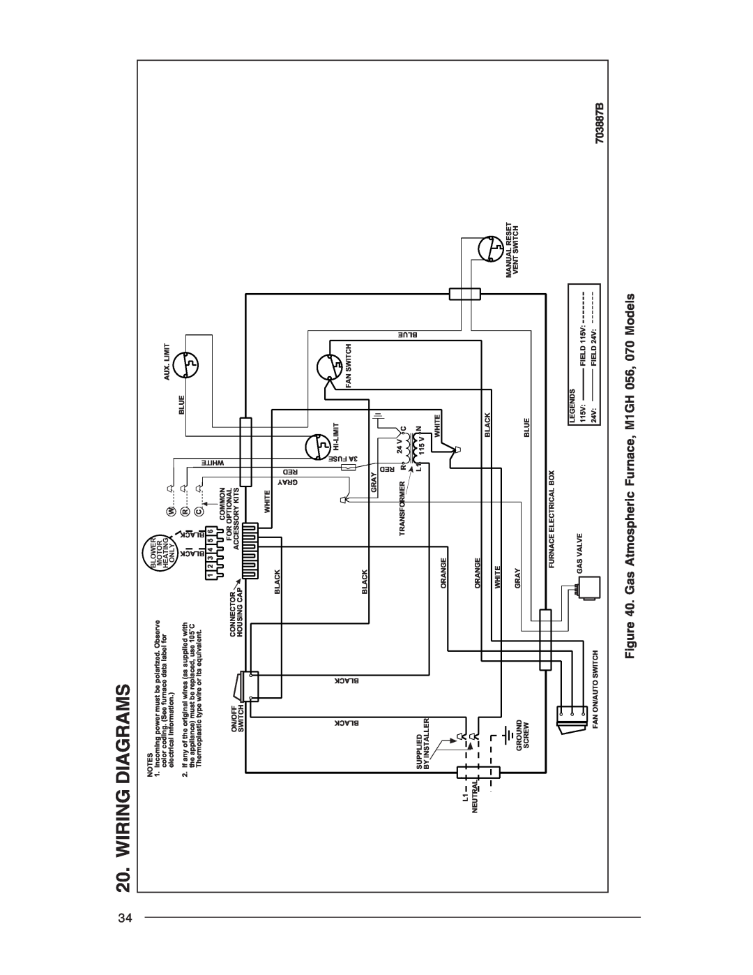Nordyne M1S, M1B, M1M owner manual Wiring Diagrams, Gas Atmospheric Furnace, M1GH 056, 070 Models, 703887B 