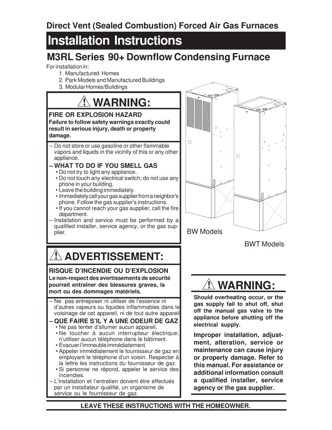 Nordyne M3RL Series installation instructions Installation Instructions 