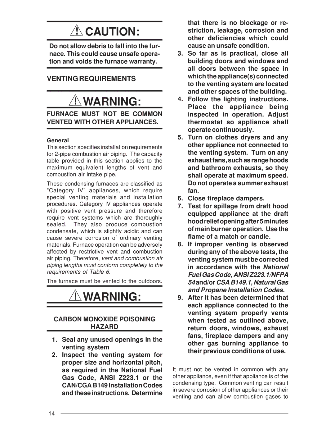 Nordyne M3RL Series installation instructions Venting Requirements, Furnace Must not be Common Vented with Other Appliances 