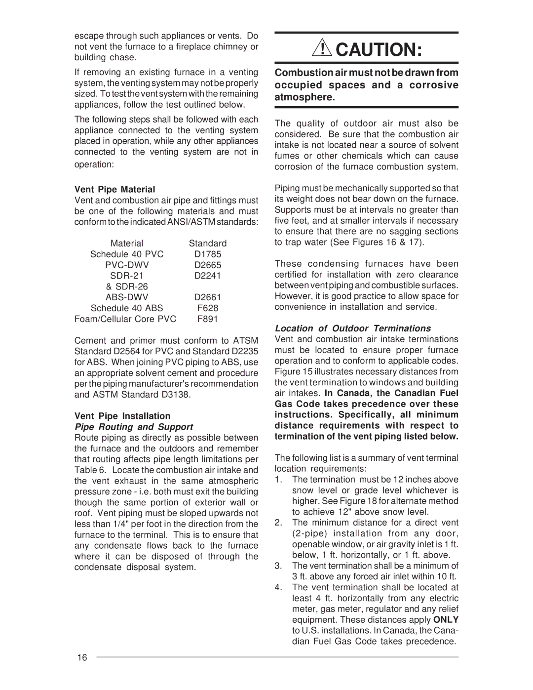 Nordyne M3RL Series installation instructions Vent Pipe Material, Vent Pipe Installation 