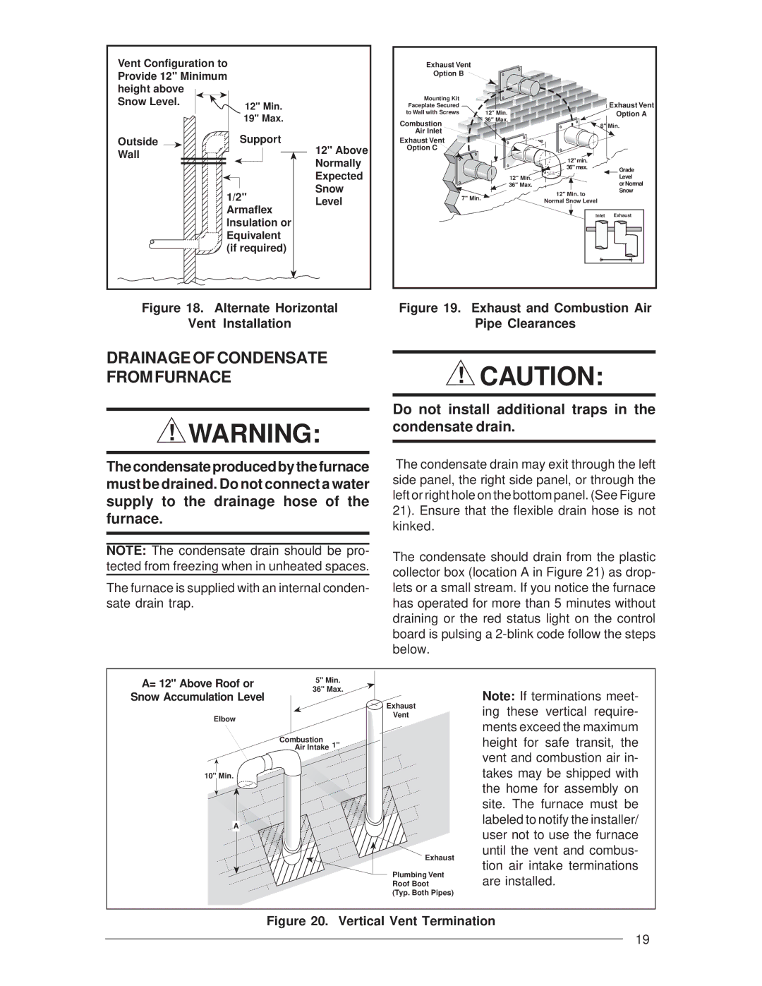 Nordyne M3RL Series installation instructions Drainage of Condensate from Furnace, Alternate Horizontal Vent Installation 