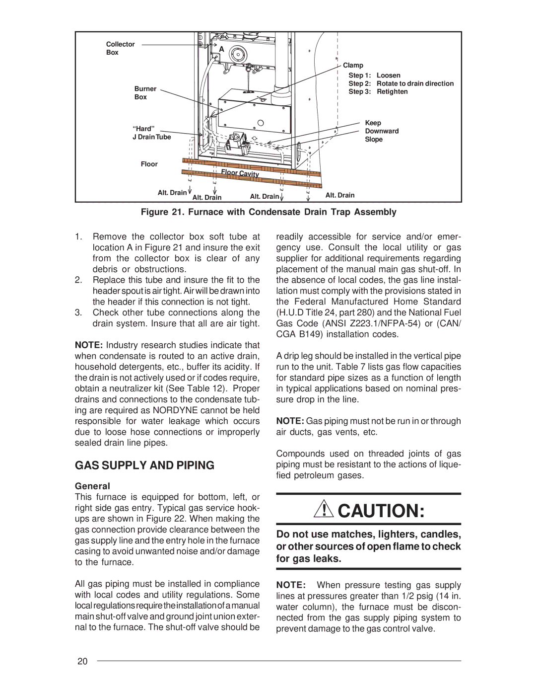 Nordyne M3RL Series installation instructions GAS Supply and Piping, Furnace with Condensate Drain Trap Assembly 