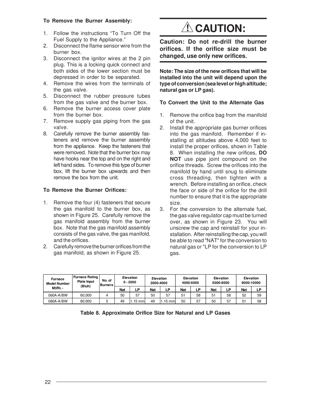 Nordyne M3RL Series To Remove the Burner Assembly, To Remove the Burner Orifices, To Convert the Unit to the Alternate Gas 