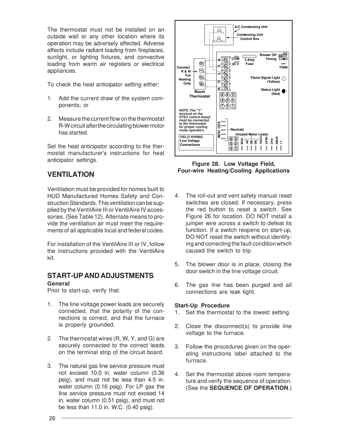 Nordyne M3RL Series installation instructions Ventilation, START-UP and Adjustments, Start-Up Procedure 