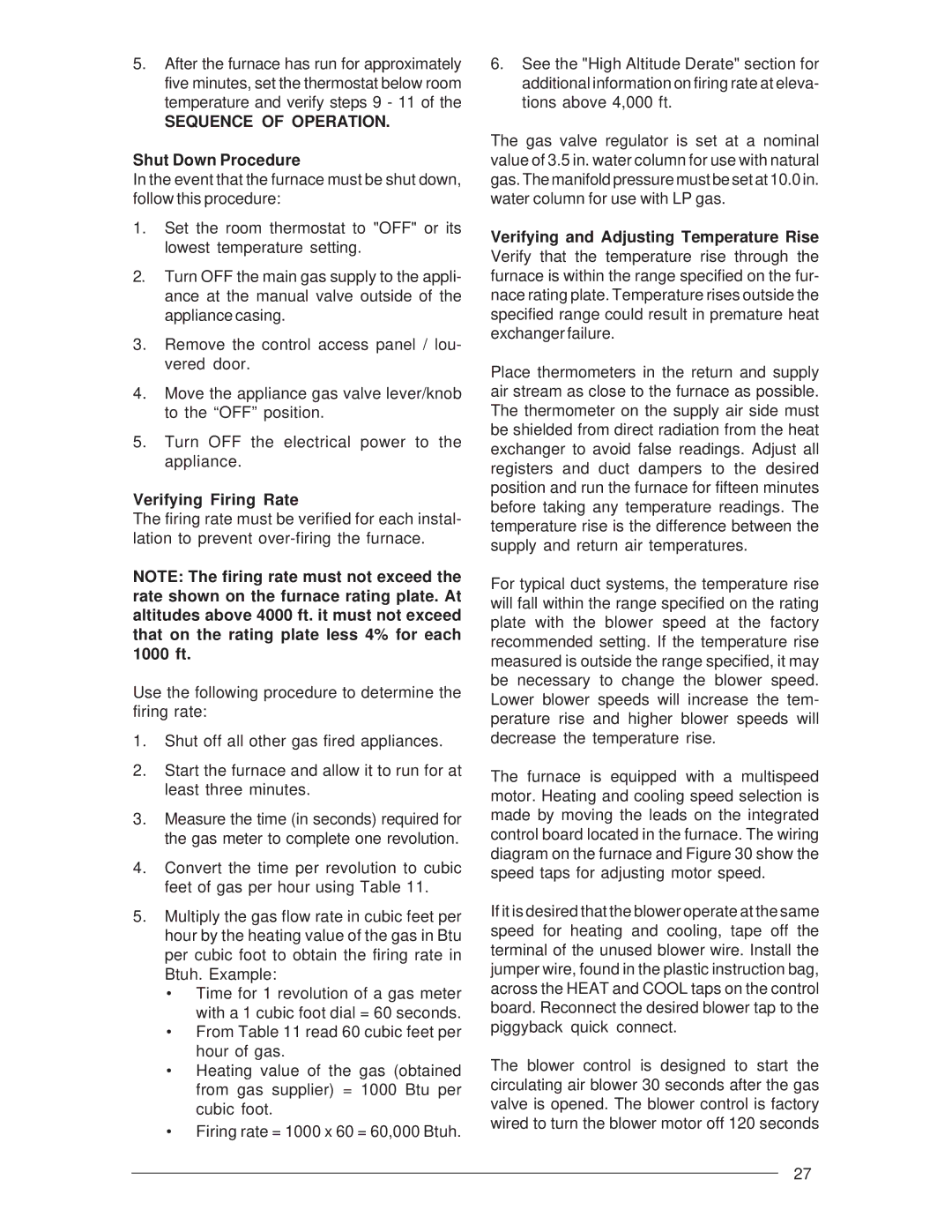 Nordyne M3RL Series installation instructions Sequence of Operation, Shut Down Procedure, Verifying Firing Rate 