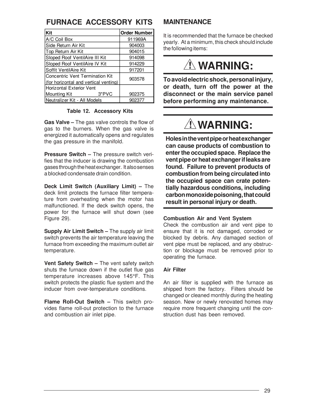 Nordyne M3RL Series installation instructions Maintenance, Accessory Kits, Combustion Air and Vent System, Air Filter 