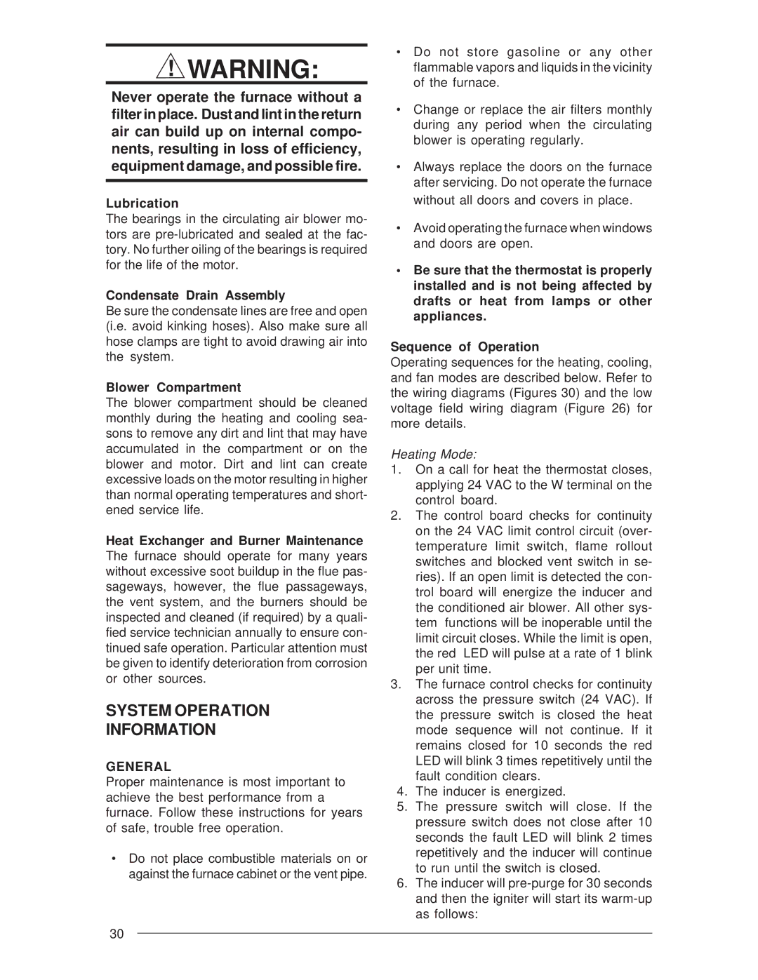 Nordyne M3RL Series System Operation Information, Lubrication, Condensate Drain Assembly, Blower Compartment, General 