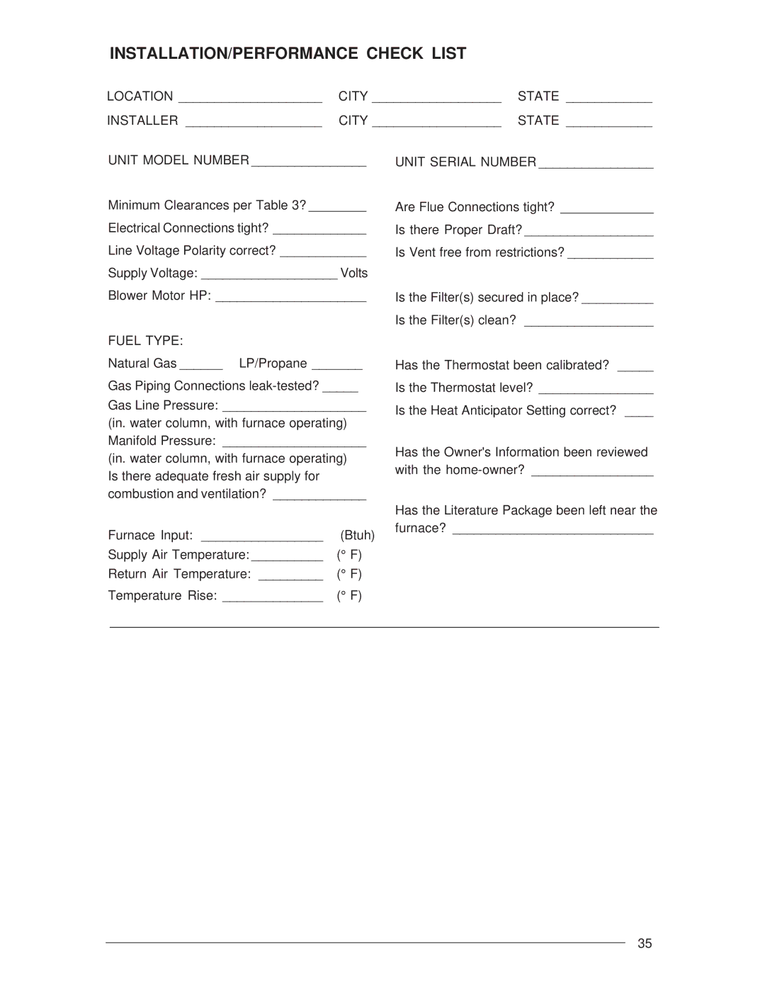 Nordyne M3RL Series installation instructions INSTALLATION/PERFORMANCE Check List, Fuel Type 