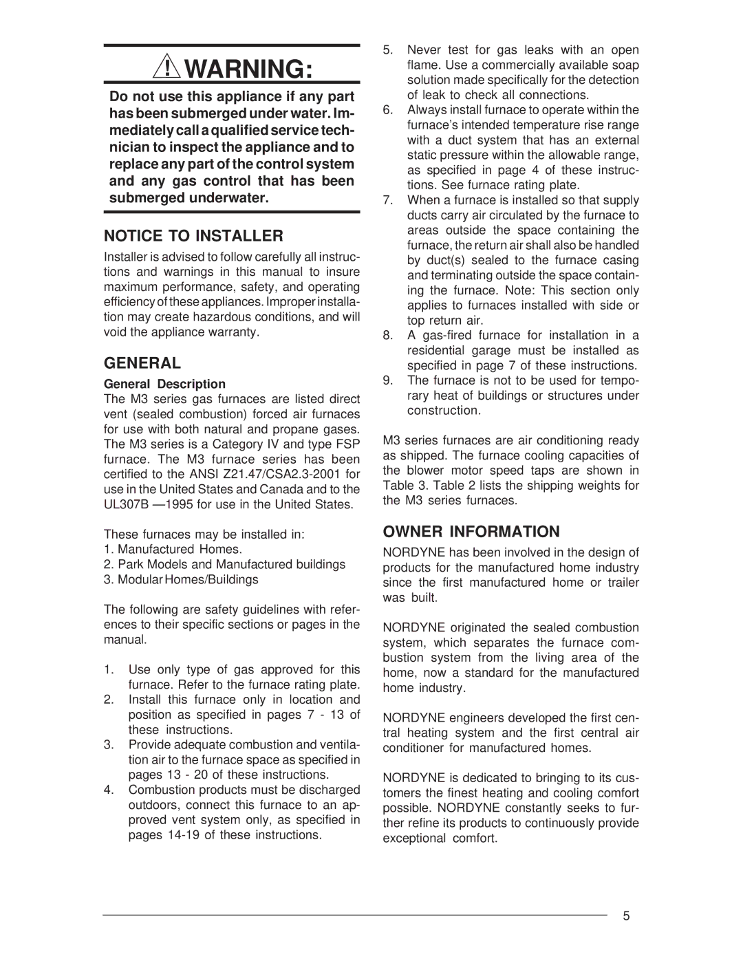 Nordyne M3RL Series installation instructions Owner Information, General Description 