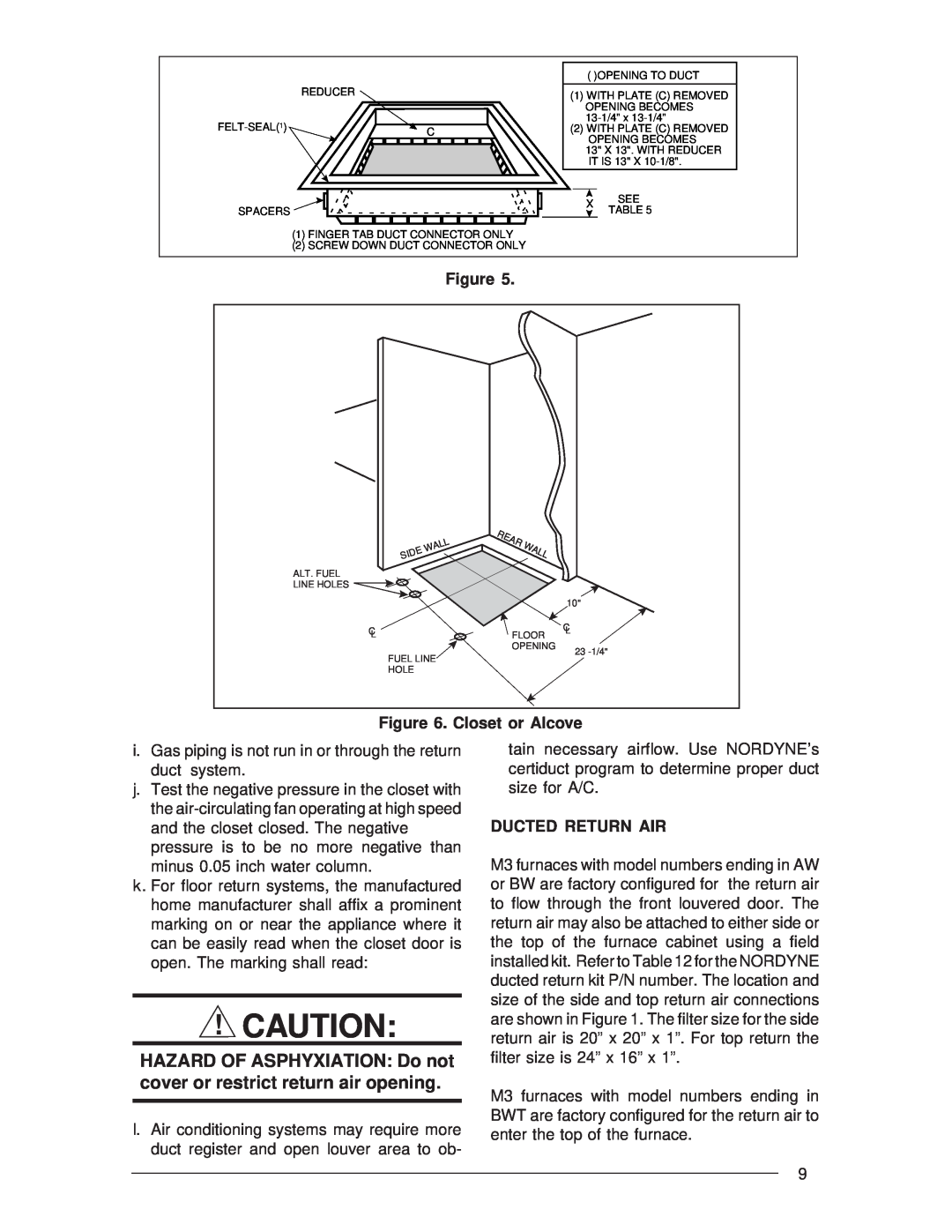 Nordyne M3RL Series installation instructions Closet or Alcove, Ducted Return Air 